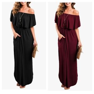Elegant Off-Shoulder Maxi Dress - Black and Burgundy